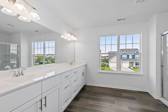 bathroom featuring walk in shower, hardwood / wood-style floors, vanity, and a wealth of natural light