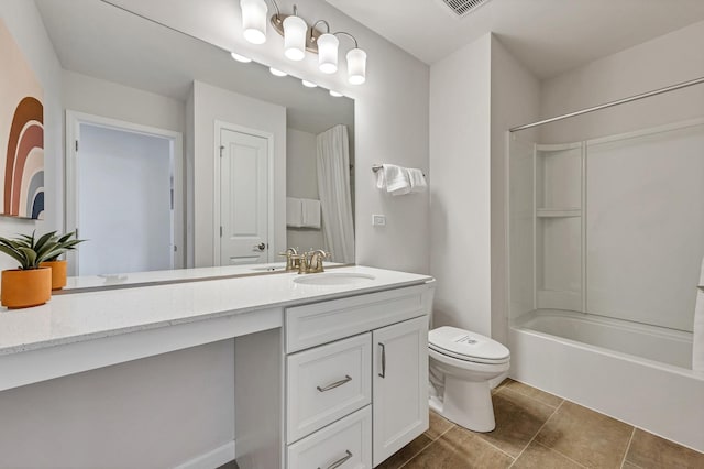 full bathroom with vanity, bathtub / shower combination, and toilet