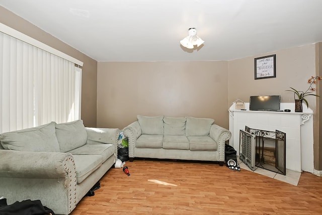 living room with a fireplace and light wood-type flooring