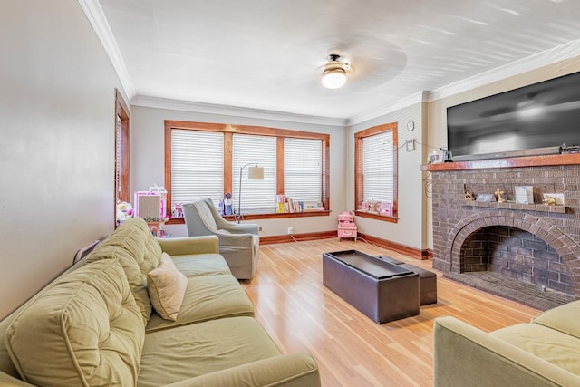 living room featuring crown molding, a fireplace, ceiling fan, and light wood-type flooring