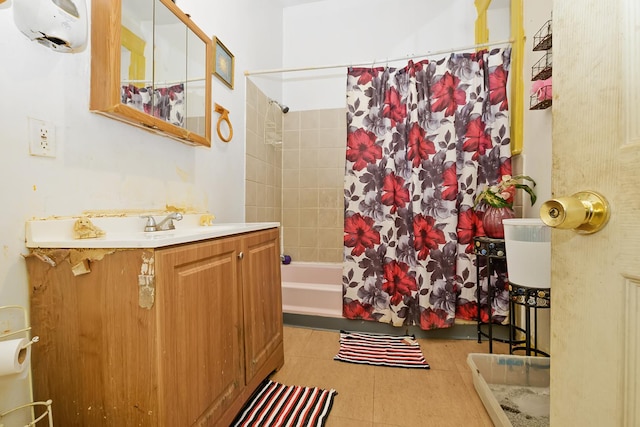 bathroom with shower / bath combination with curtain and vanity