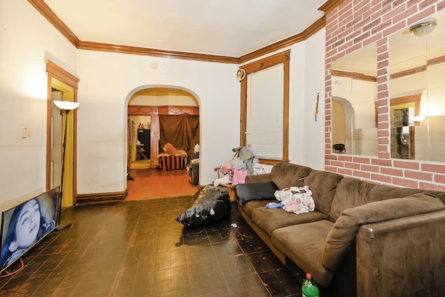 living room with dark hardwood / wood-style flooring and crown molding