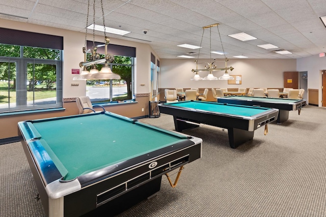 game room with pool table, carpet, and a drop ceiling