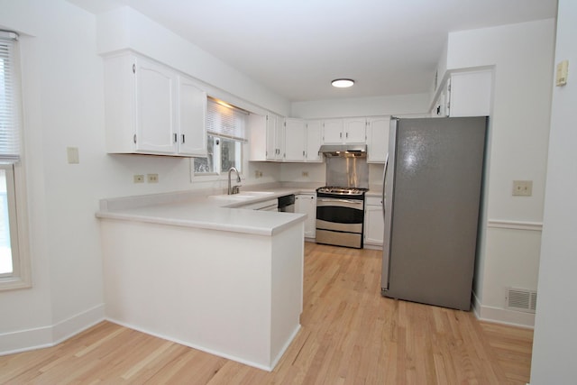 kitchen with sink, kitchen peninsula, light hardwood / wood-style flooring, appliances with stainless steel finishes, and white cabinetry