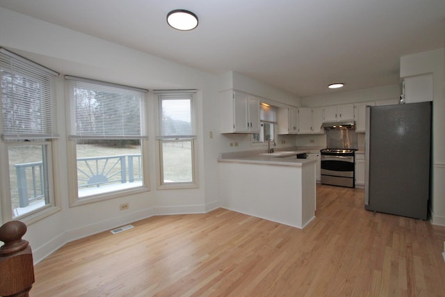 kitchen with sink, stainless steel appliances, kitchen peninsula, white cabinets, and light wood-type flooring