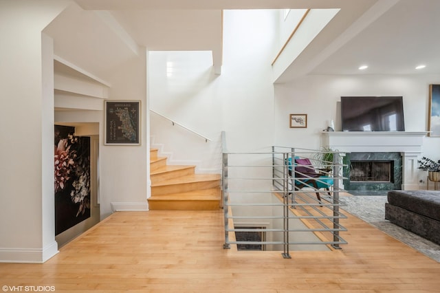 living room featuring wood-type flooring and a fireplace