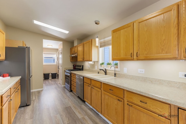 kitchen featuring stainless steel appliances, a healthy amount of sunlight, sink, and pendant lighting