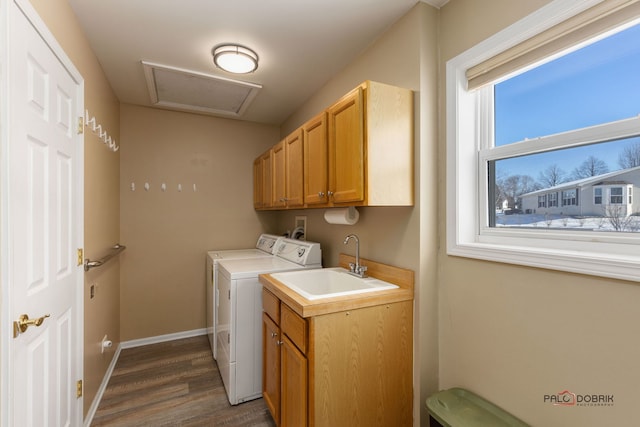 laundry area with cabinets, washing machine and clothes dryer, dark hardwood / wood-style floors, and sink