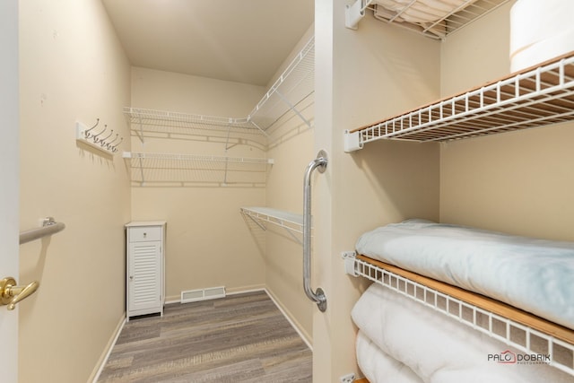 walk in closet with wood-type flooring