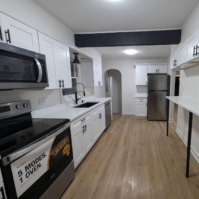 kitchen with beam ceiling, white cabinetry, sink, and appliances with stainless steel finishes