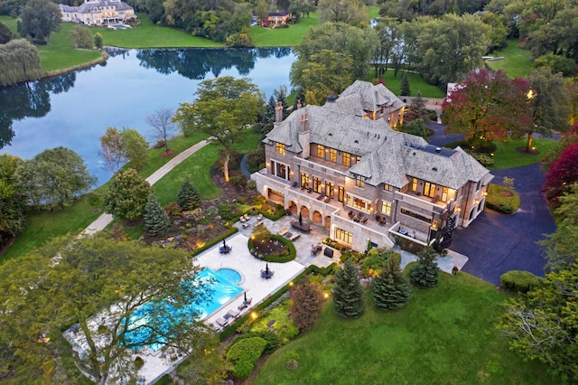 aerial view featuring a water view