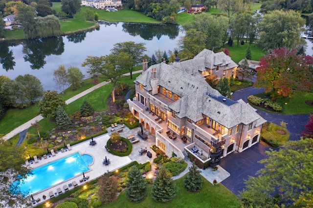 aerial view featuring a water view