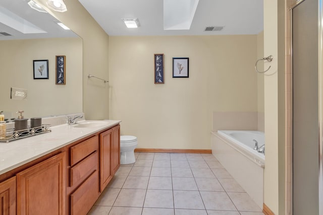 full bathroom with tile patterned floors, vanity, shower with separate bathtub, and toilet