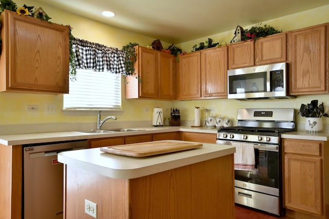 kitchen with appliances with stainless steel finishes, a kitchen island, and sink