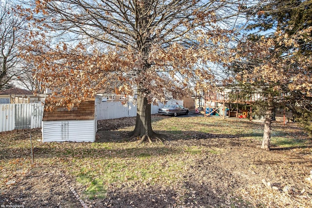 view of yard with a storage unit