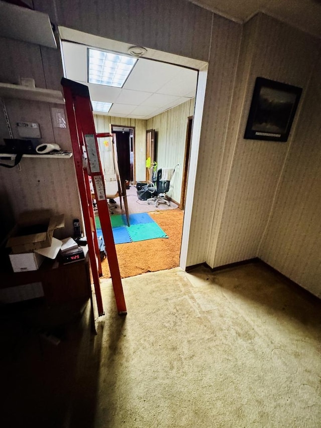 corridor featuring a drop ceiling, wood walls, and carpet floors