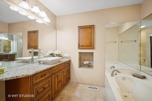 bathroom with separate shower and tub, tile patterned floors, and vanity