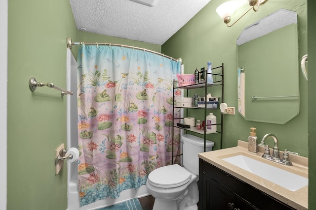 full bathroom featuring vanity, shower / tub combo, a textured ceiling, and toilet