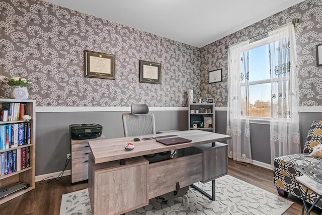 home office featuring dark wood-style flooring, wainscoting, baseboards, and wallpapered walls