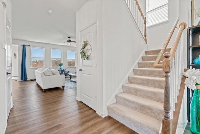 staircase with wood finished floors and a ceiling fan