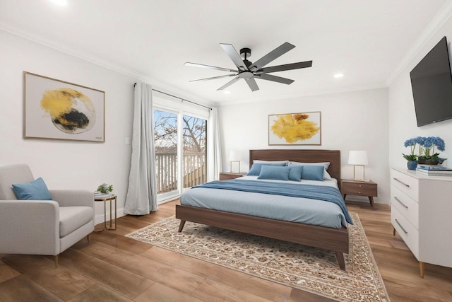 bedroom featuring hardwood / wood-style flooring, ornamental molding, access to exterior, and ceiling fan