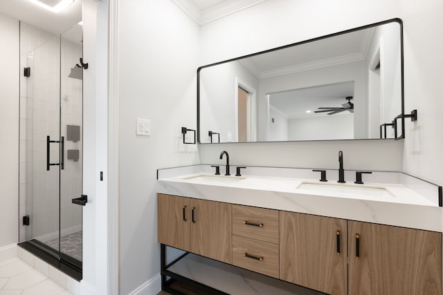 bathroom featuring vanity, ornamental molding, ceiling fan, and walk in shower