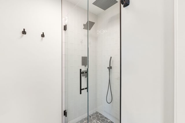 bathroom featuring a shower with shower door