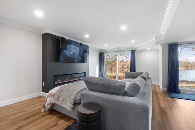 bedroom featuring crown molding, light hardwood / wood-style flooring, and a large fireplace