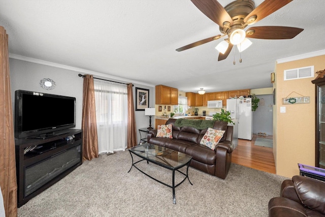 carpeted living room with ceiling fan and ornamental molding