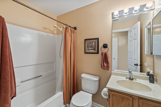 full bathroom with shower / bathtub combination with curtain, vanity, and toilet