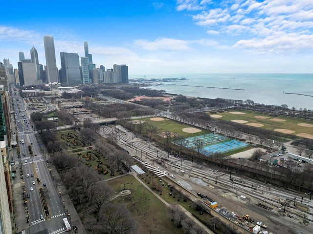 drone / aerial view with a water view