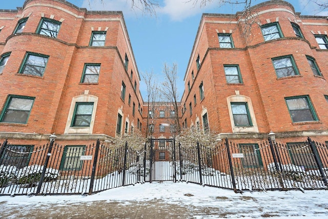 view of snow covered building