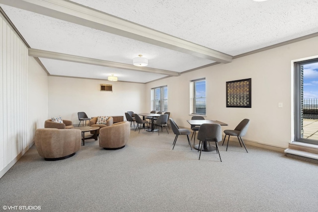 dining space featuring beamed ceiling, crown molding, carpet floors, and a textured ceiling