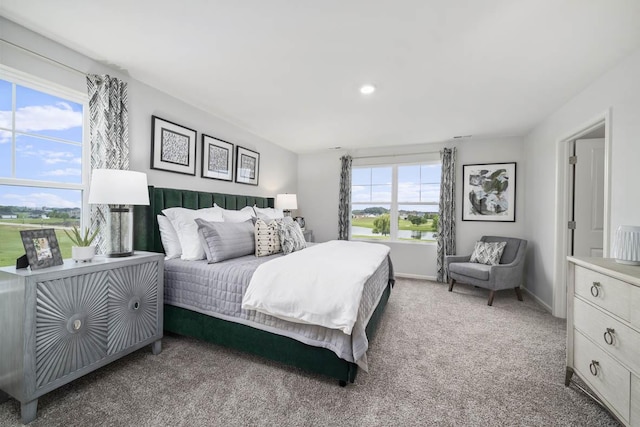 bedroom with multiple windows and carpet