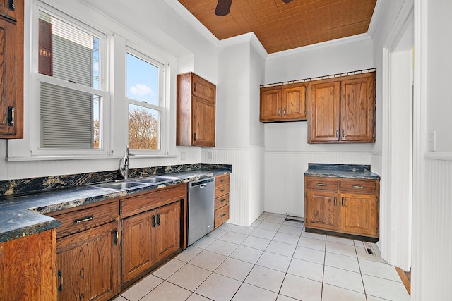 kitchen featuring dishwasher, sink, light tile patterned floors, wood ceiling, and ornamental molding