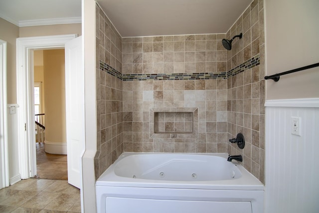 bathroom featuring shower / tub combination and crown molding