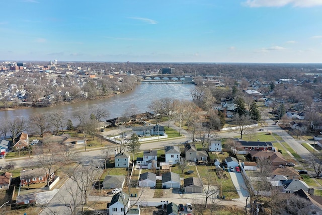 drone / aerial view featuring a water view