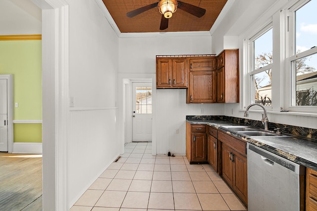 kitchen featuring light tile patterned flooring, stainless steel dishwasher, crown molding, and sink