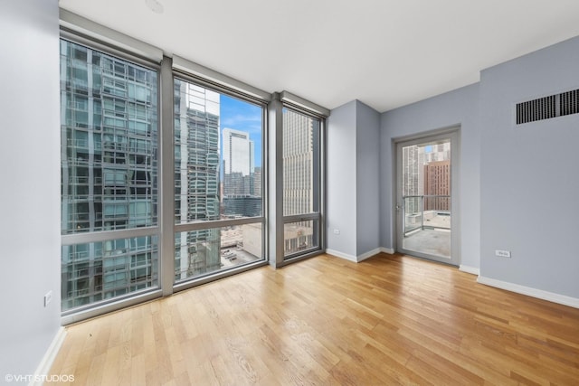 unfurnished room with light hardwood / wood-style floors and a wall of windows