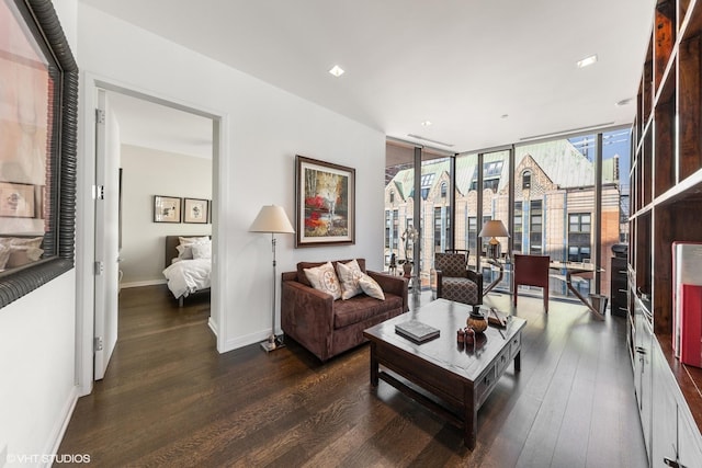 living room featuring dark hardwood / wood-style flooring and expansive windows