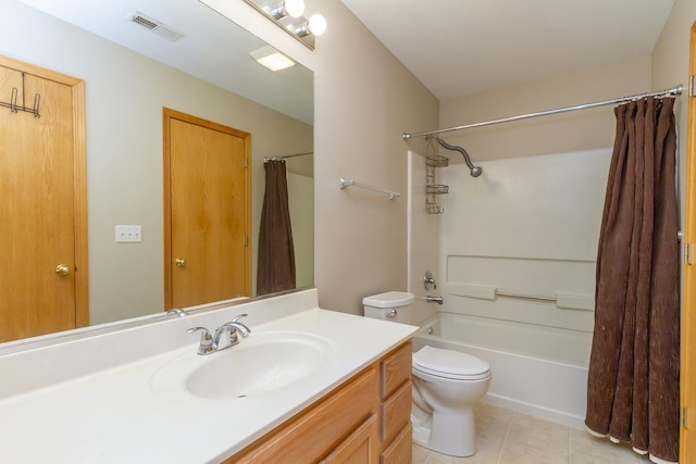 full bathroom with tile patterned flooring, vanity, shower / bath combination with curtain, and toilet