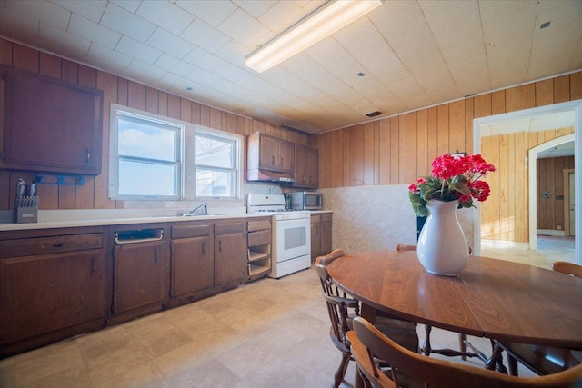 kitchen with sink, wooden walls, and gas range gas stove