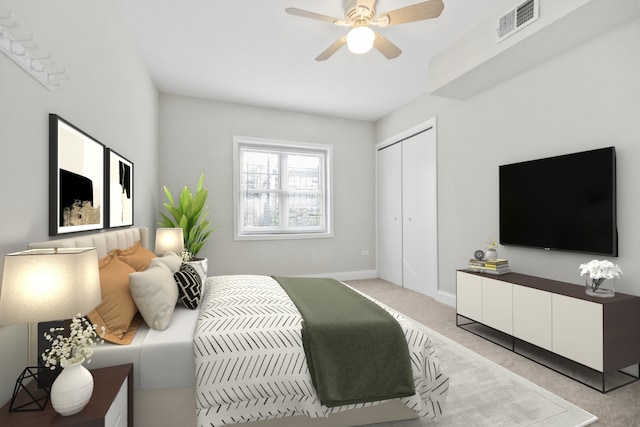 bedroom featuring ceiling fan, a closet, and light carpet