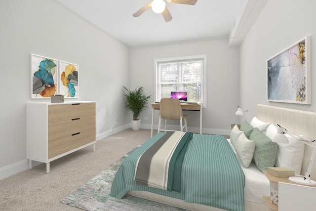 carpeted bedroom with ceiling fan and ornamental molding