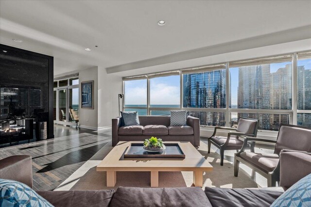 living room with a water view