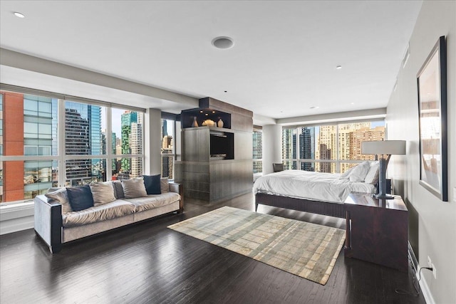 bedroom featuring dark hardwood / wood-style floors and multiple windows