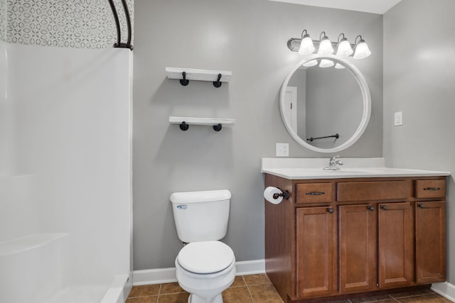 bathroom with tile patterned flooring, vanity, toilet, and walk in shower