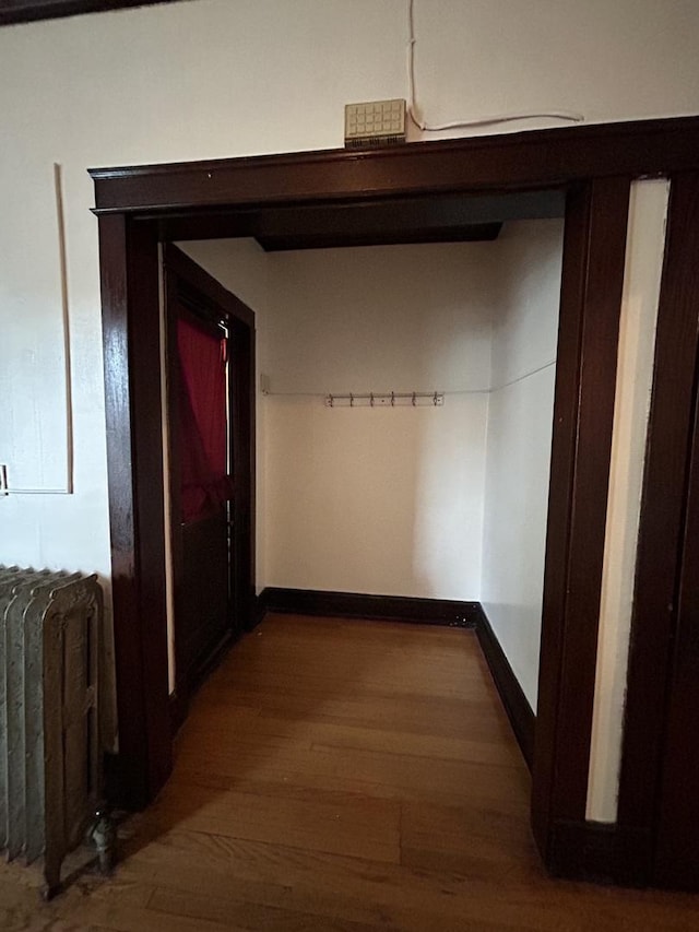 corridor with hardwood / wood-style flooring and radiator