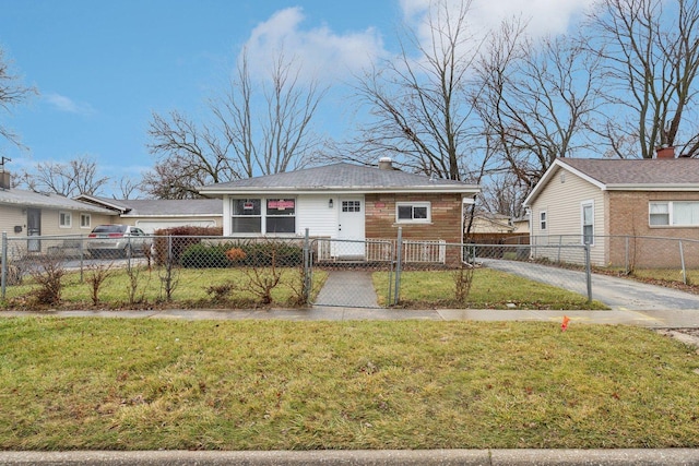 bungalow-style home with a chimney, driveway, a fenced front yard, and a front yard