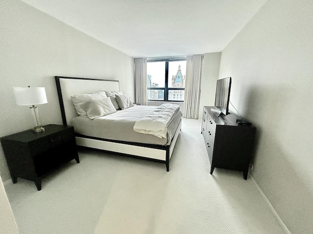 bedroom featuring a wall of windows and carpet flooring